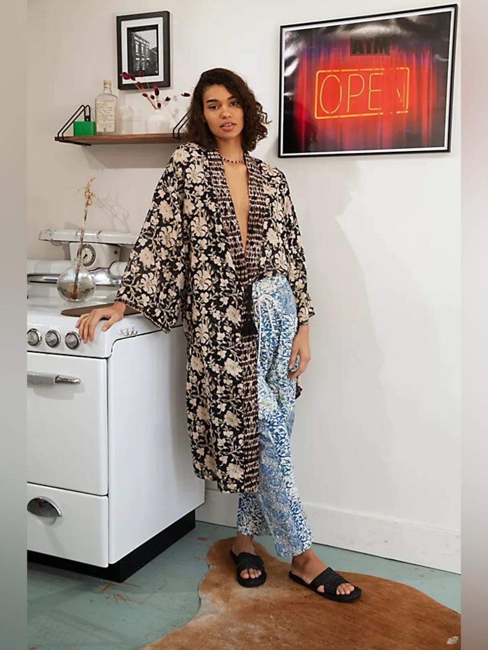 Free People Rumi Reversible Kimono Boho Long Kimono Cardigan Brown Cream Duster